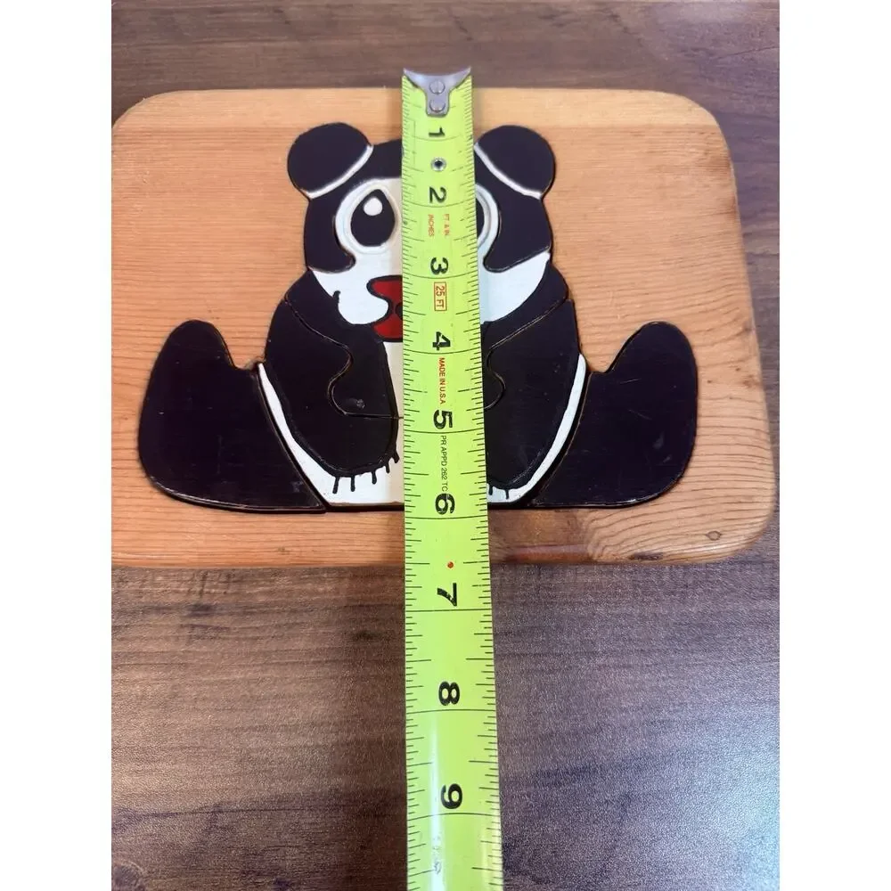 Vintage Handmade Wooden Tray Puzzles Teddy Bear & Panda Folk Art Set